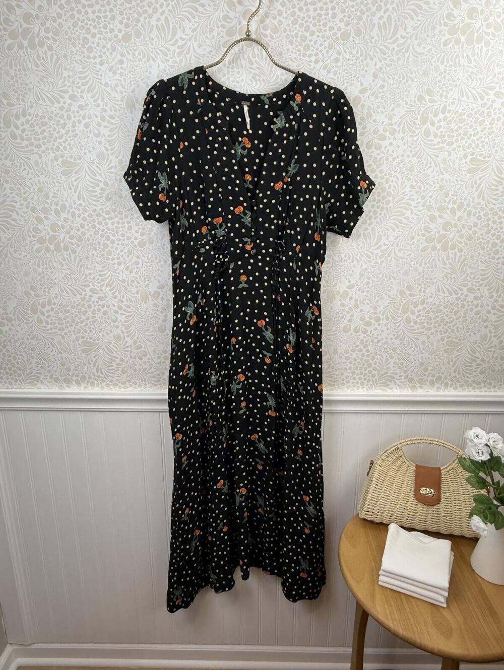 Free People Black & Red Floral Polka Dot Corset Button Midi Dress - Size - 6
